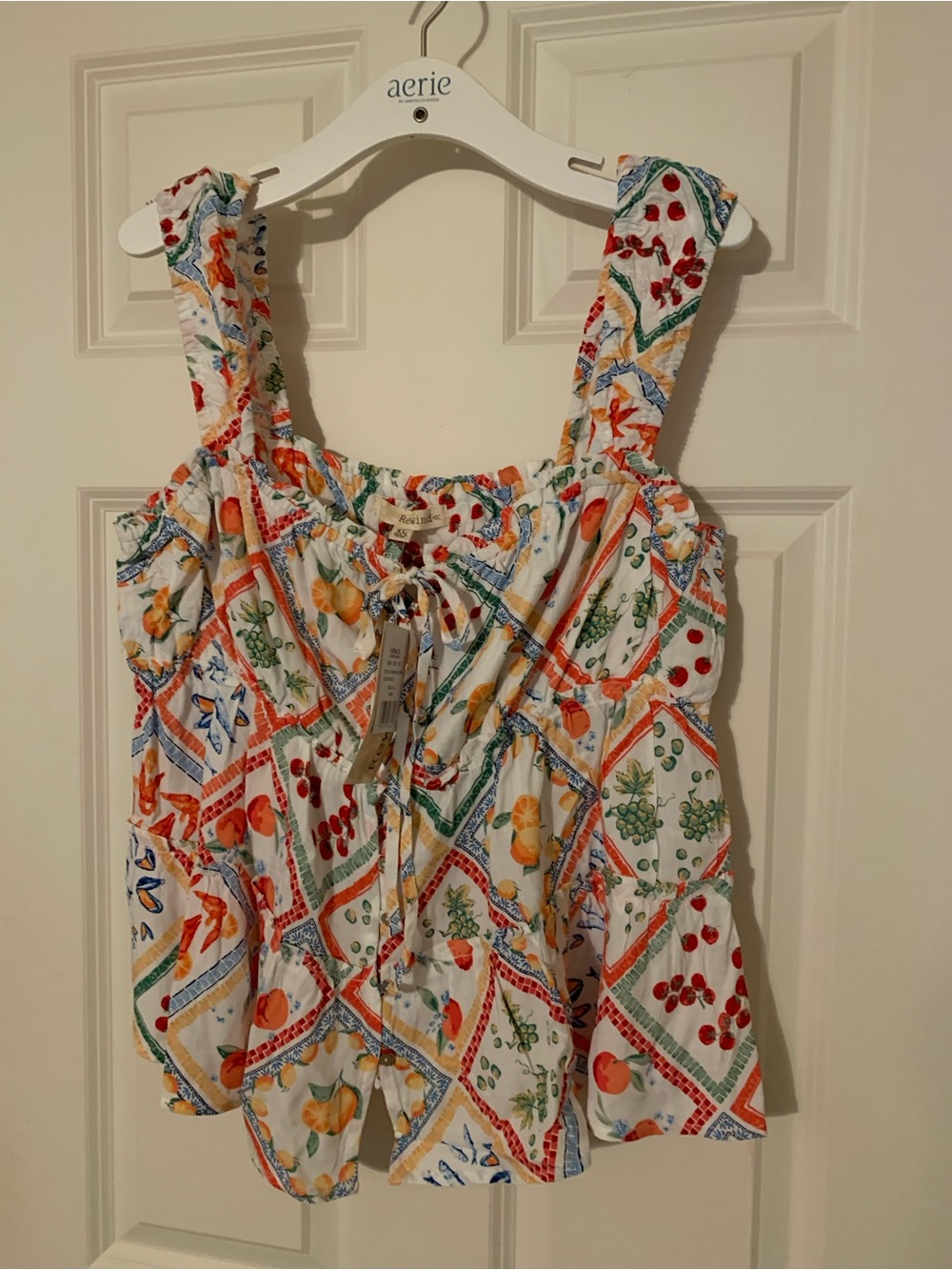 Rewind White Multi Fruit Print Sleeveless Peplum Top summer staple